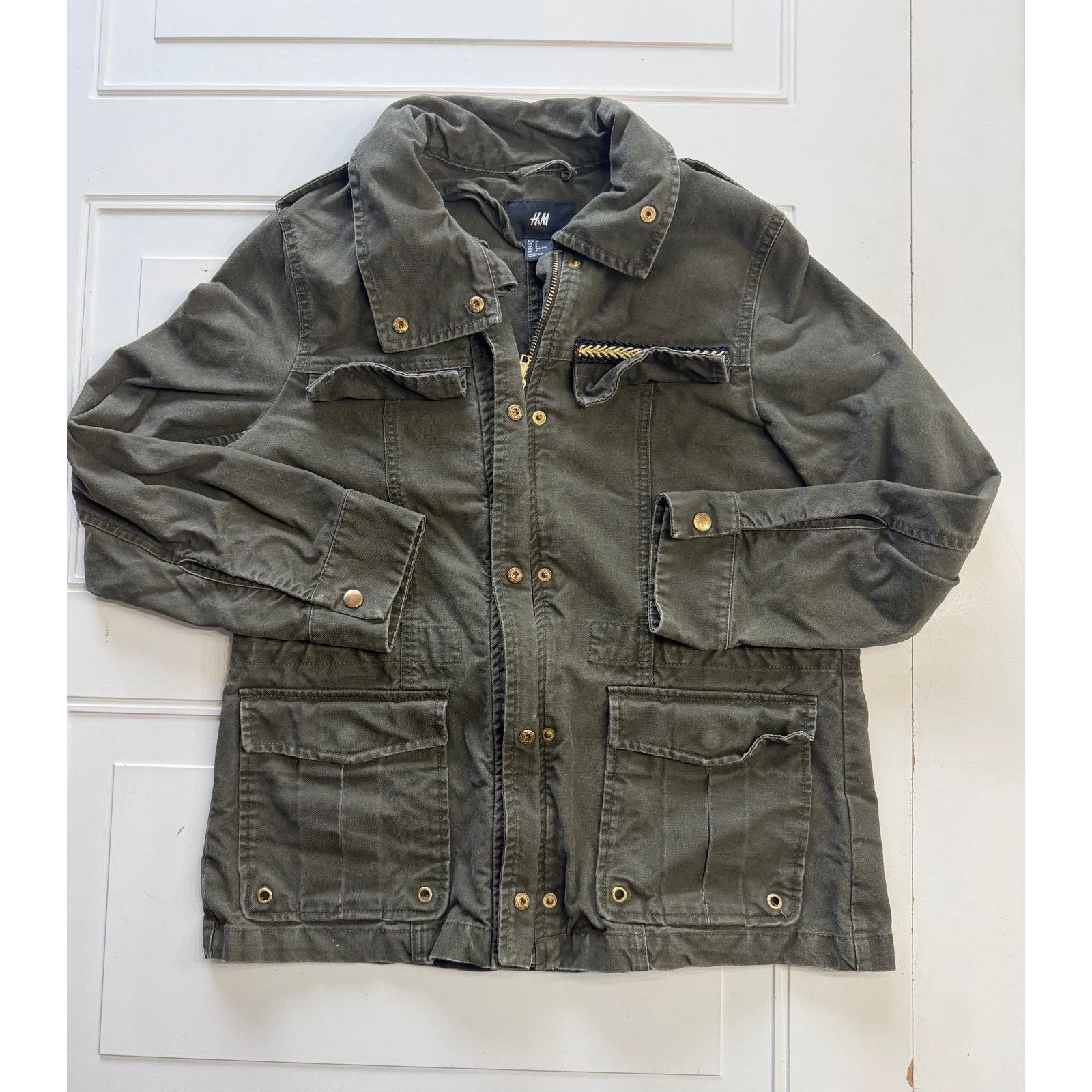 H&M Womens Sz 8 Army Green Military Jacket Coat Y2k Zip Button Up — image 2 of 7